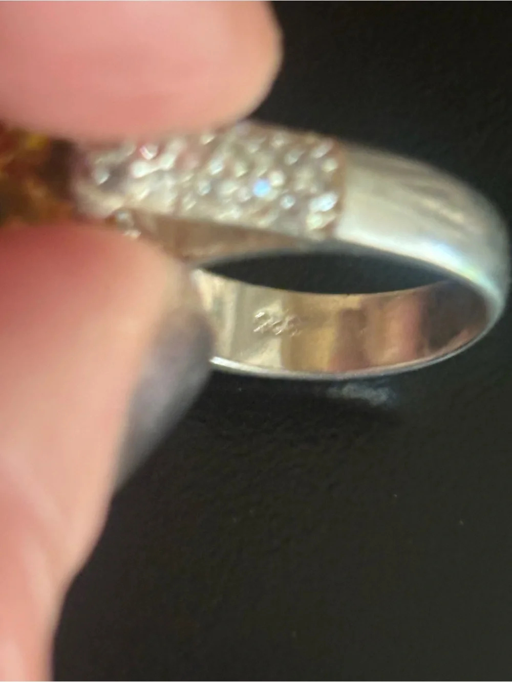 Sterling silver Ring W/ Citrine colored Gemstone and Rhinestones down each side